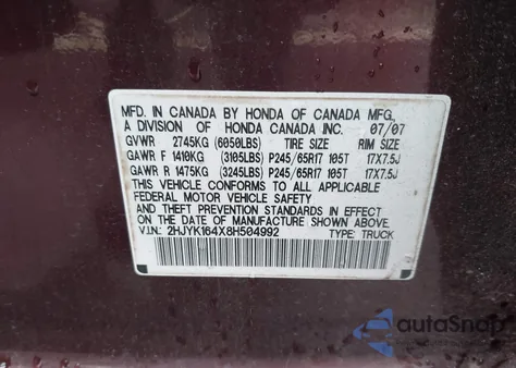 2008 Honda Ridgeline Rts from USA, damaged, VIN 2HJYK164X8H504992